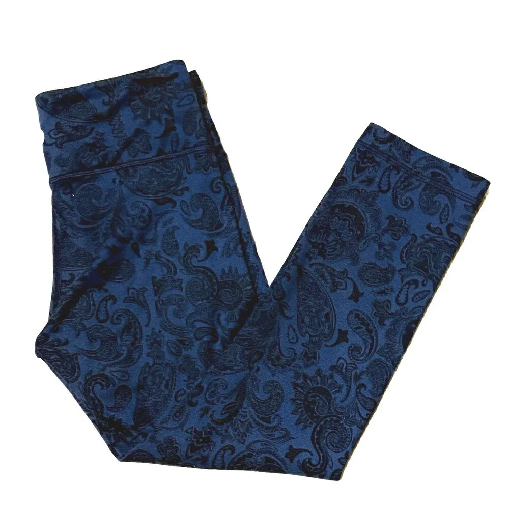 Lululemon Wunder Under Crop Leggings Womens 6 Blue Paisley Yoga Athletic Pants